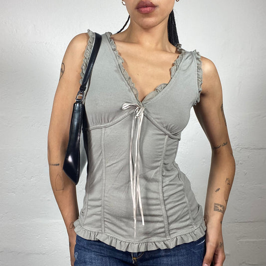 Vintage 2000's Coquette Light Grey V-Cut Draped Tank Top with Ruffled Trim and Middle Ribbon (S)