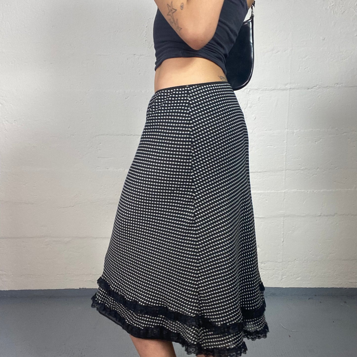 Vintage 2000's Coquette Black and White Polka Dot Printed Midi Skirt with Bottom Black Ruffled Details (M)