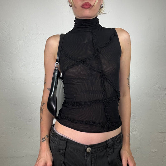 Vintage 2000's Grunge Black Sleeveless Turtleneck Top with Ruffle Patchwork Seam Details (M)