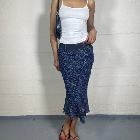 Vintage 2000's Romantic Blue Chiffon Flowy Midi Skirt with White Floral Print (S)