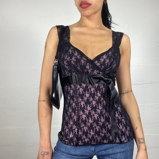 Vintage 2000's Romantic Black And Purple Floral Lace Cami Top with Silky Band (S)