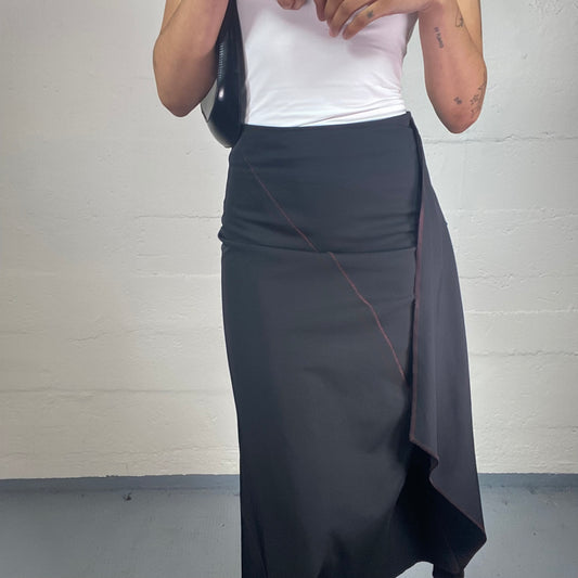 Vintage 2000's Downtown Girl Black Asymmetric Layered Wrapped Up Midi Skirt with Pocket Detail (S)