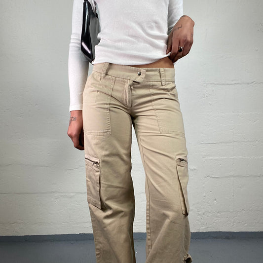 Vintage 2000's Hip-Hop Beige Straight Cut Cargo Pants with Pockets and Back Code Print (S)
