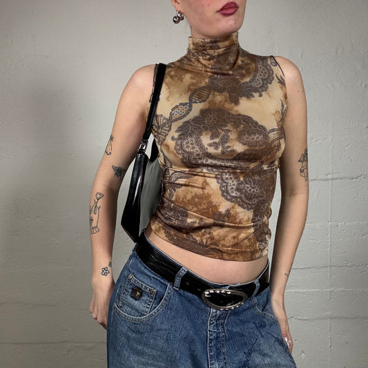 Vintage 2000's Indie Turtleneck Brown Top with Paisley Print (S/M)
