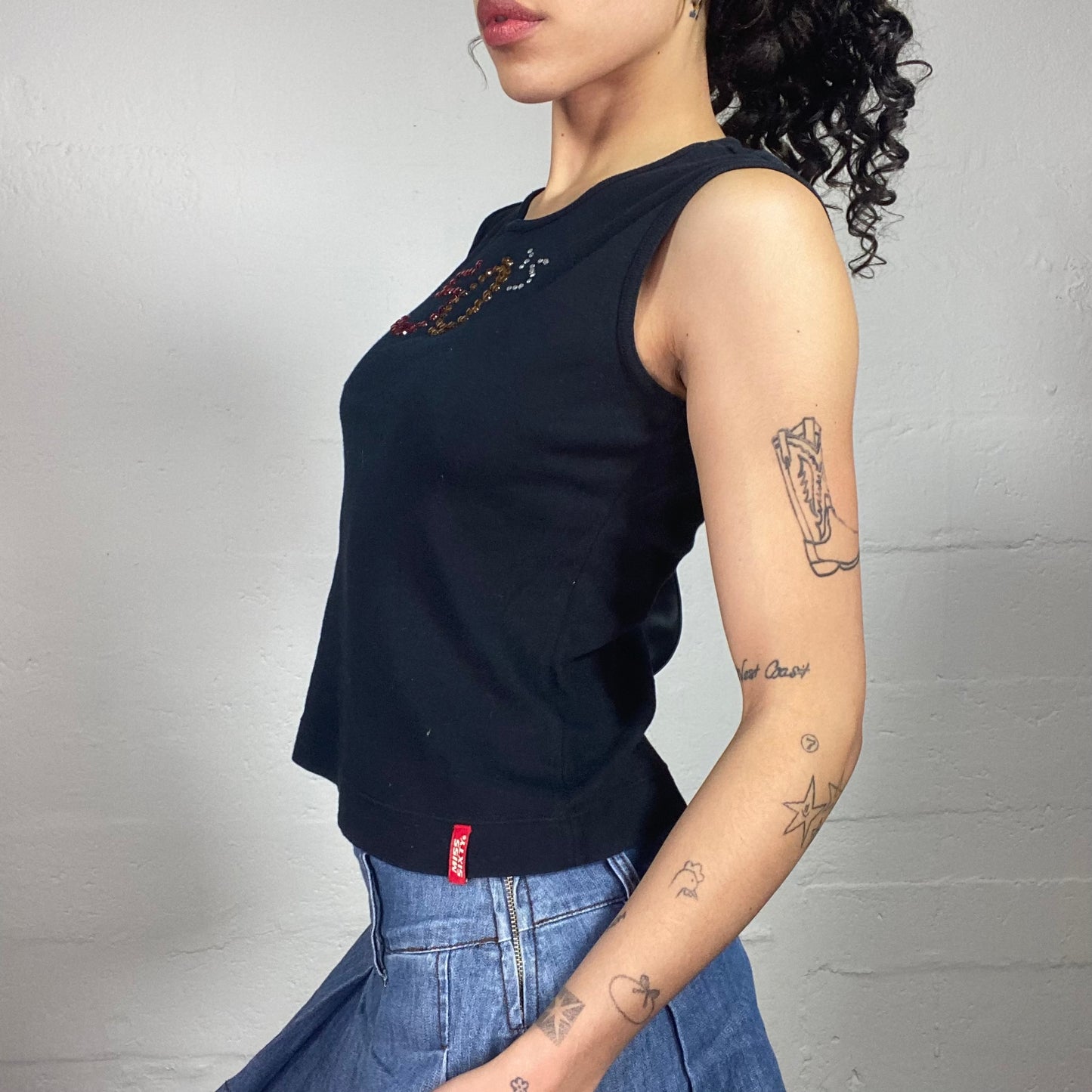 Vintage 2000's Miss Sixty Funky Black Tank Top with Multicoloured Rhinestone 50’s Embroidery (XL)