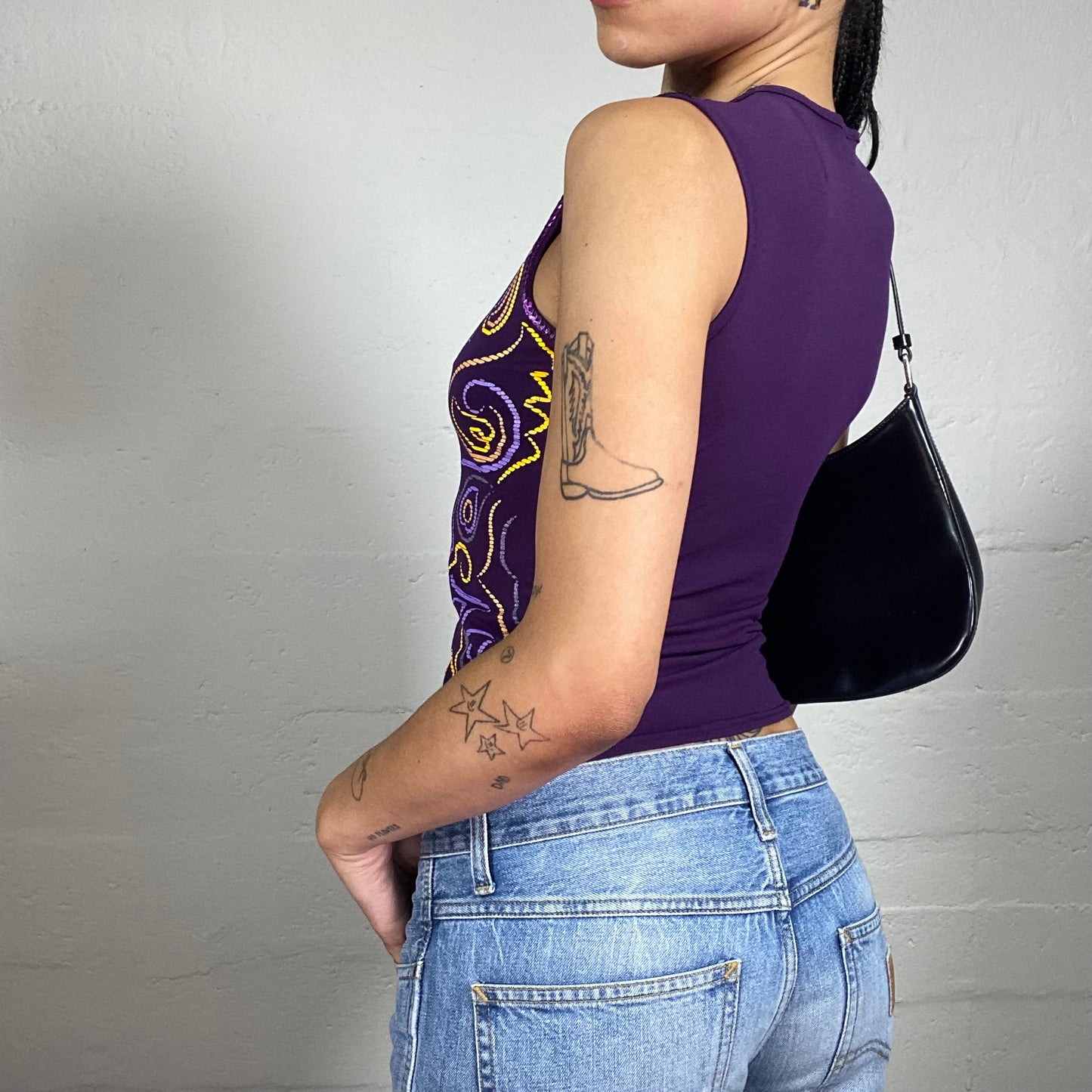 Vintage 2000's Summer Purple Tank Top with Matching Tone and Contrast Yellow Abstract Print (S)