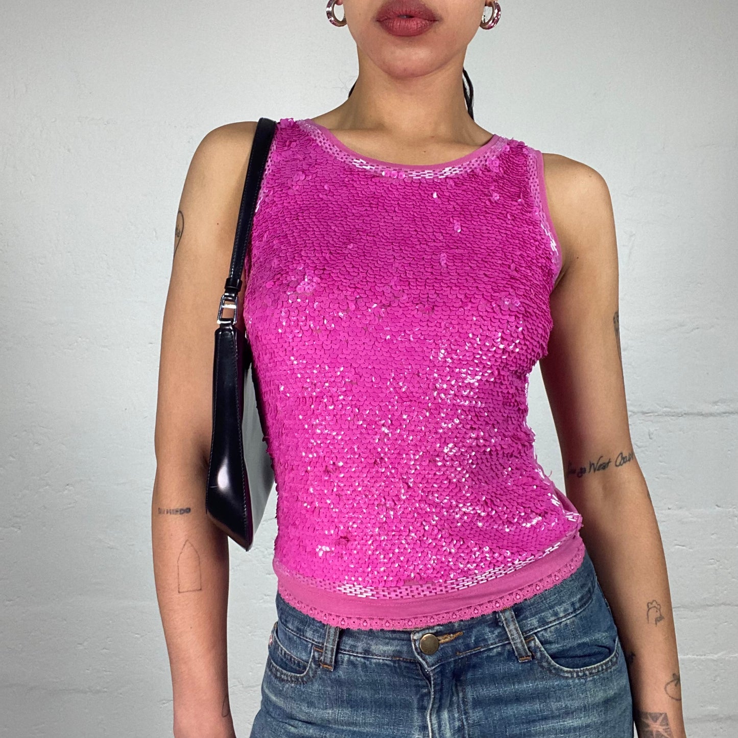 Vintage 2000's Clubwear Barbie Pink Sequins Covered Shiny Tank Top (S)