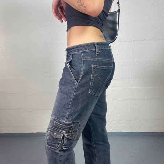 Vintage 2000's Hip-Hop Style Dark Wash Denim Low Waisted Straight Fit Cargo Jeans (XL)