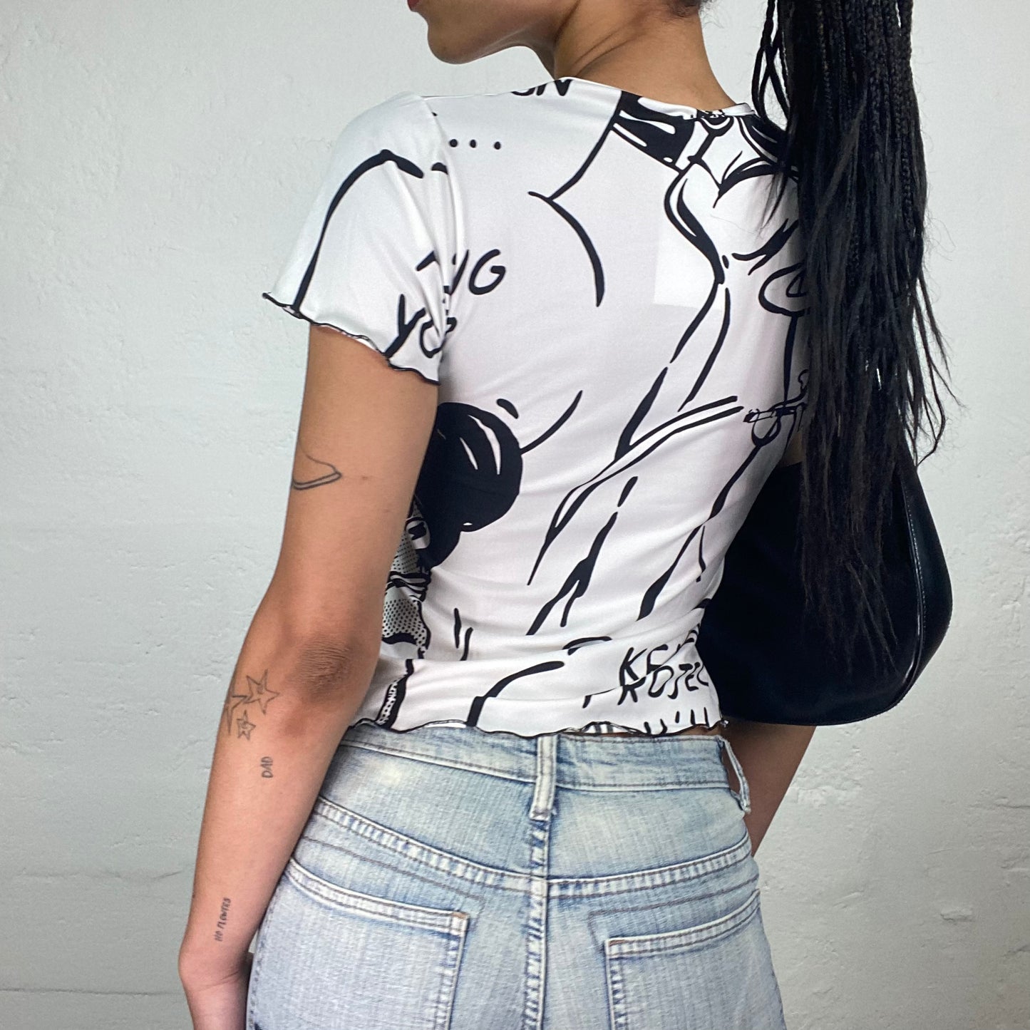 Vintage 2000’s Downtown Girl White Baby Tee with Black Pop Art Comics Print (S)