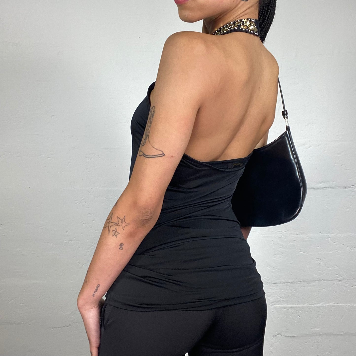 Vintage 2000's Glamorous Dinner Black Draped Neckholder Top with Golden Stones and Sequins Decorated Neck (S)