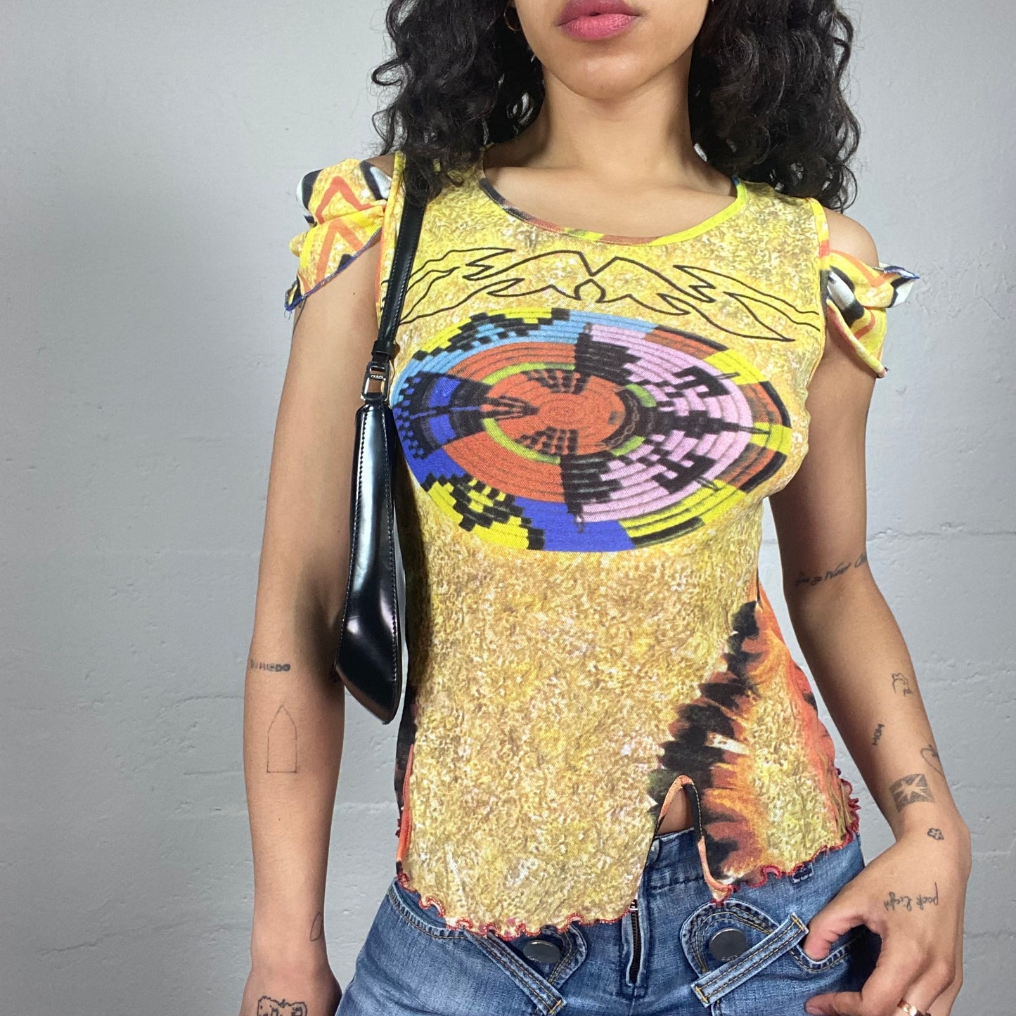 Vintage 2000's Summer Yellow Tee with Multicoloured Print and Chiffon Draped Micro Sleeves (L)
