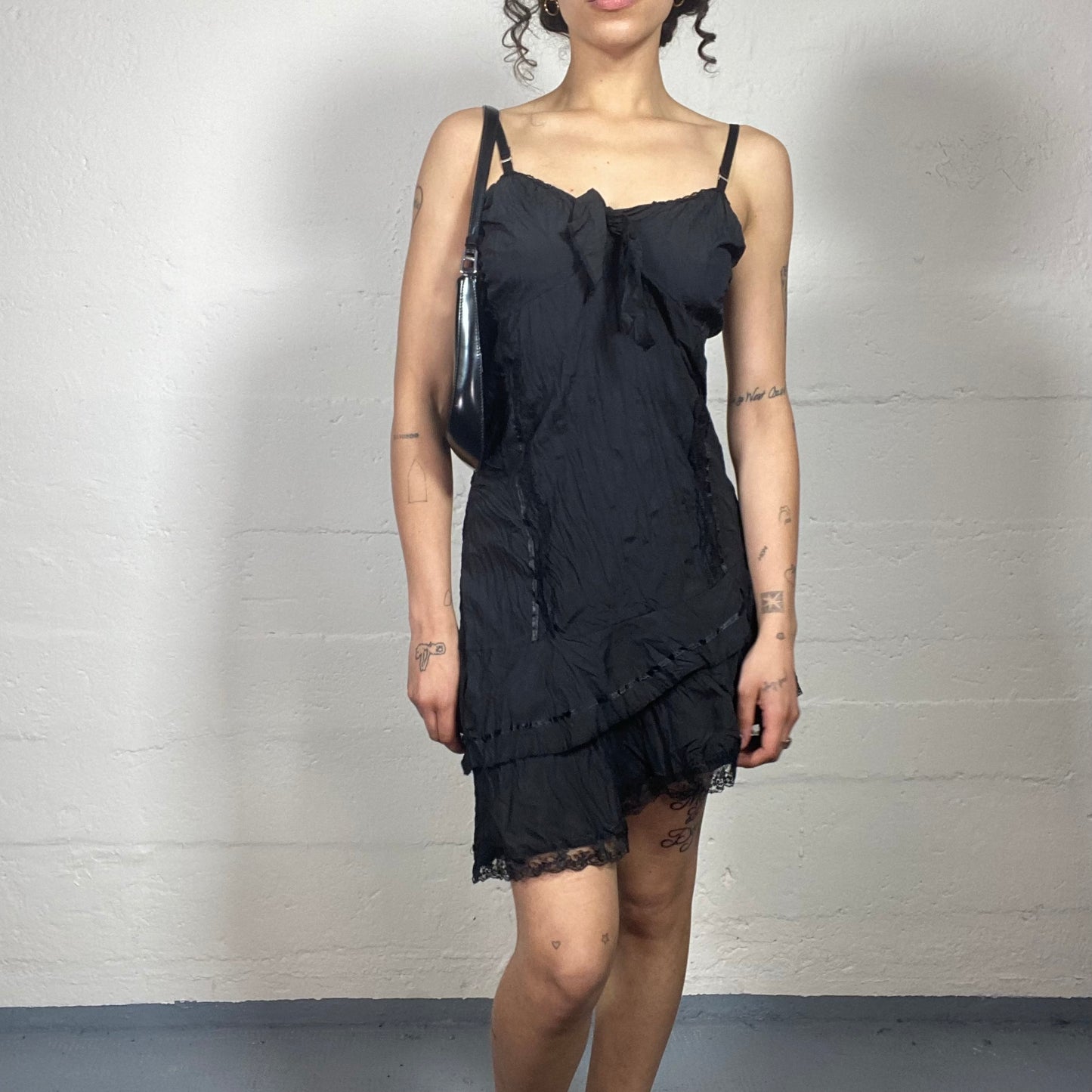 Vintage 2000's Night Out Black Satin Textured Layered Black Mini Cami Dress (S)