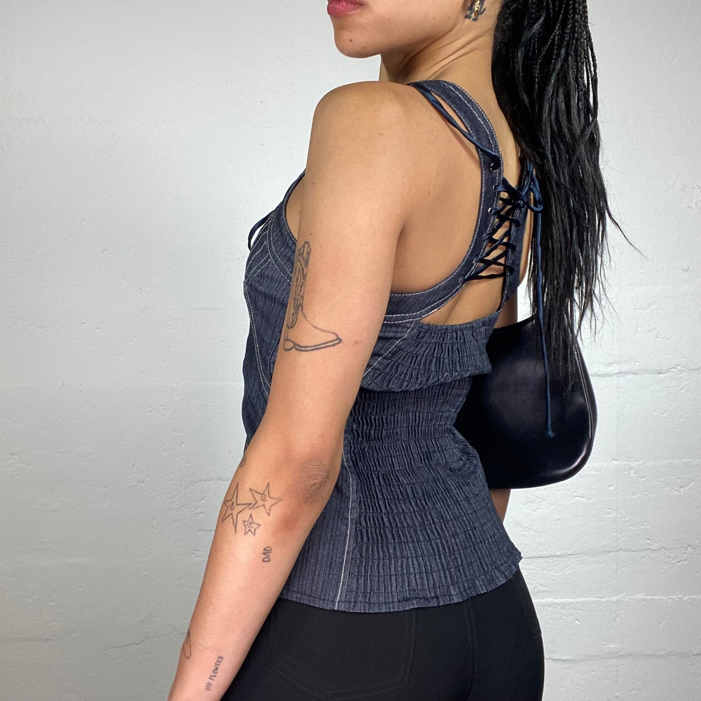 Vintage 2000's Downtown Girl Navy Blue Denim Effect Laced Up Top with White Seaming (S)