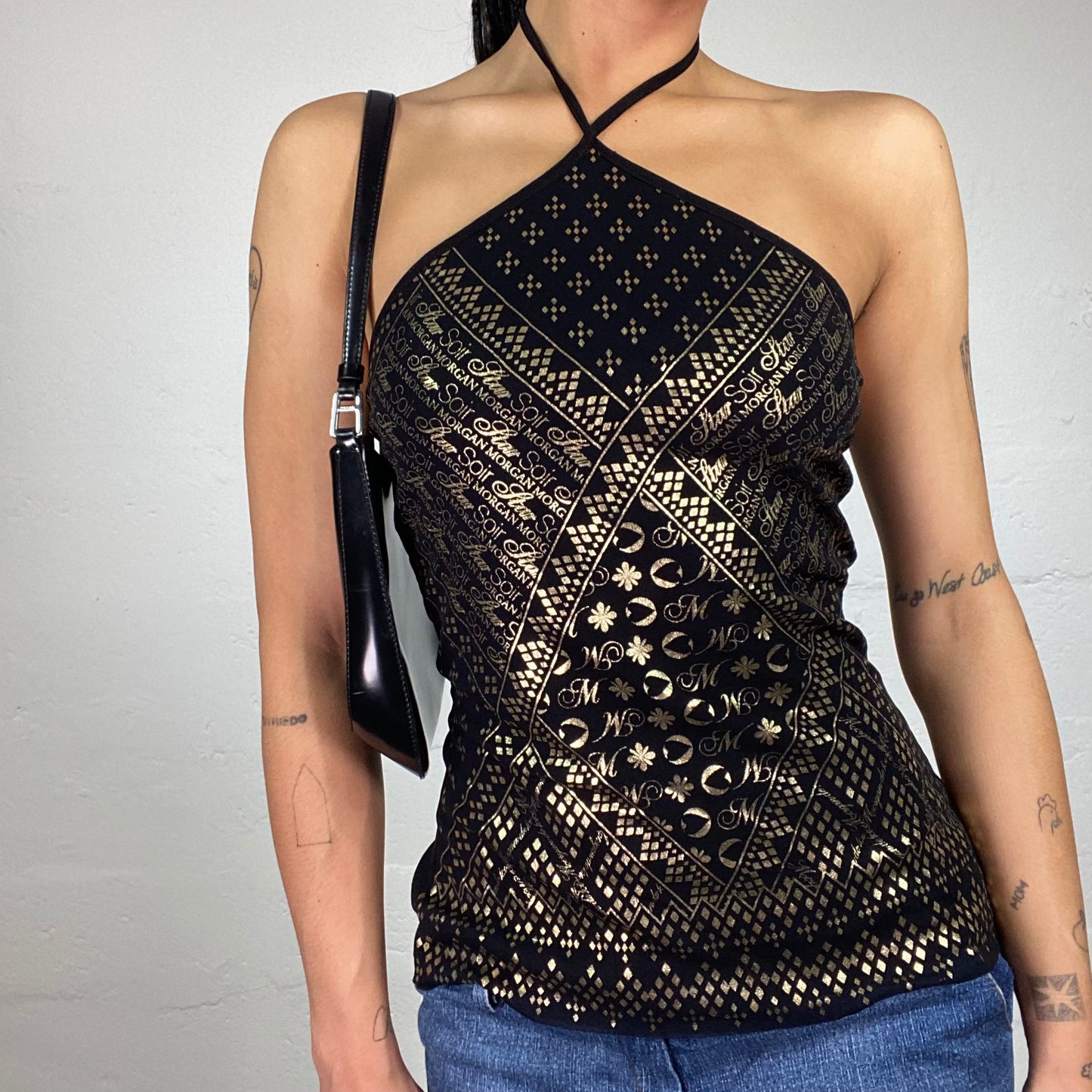 Vintage 2000's Morgan Glam Boho Black Neckholder Top with Gold Shiny Print (S)