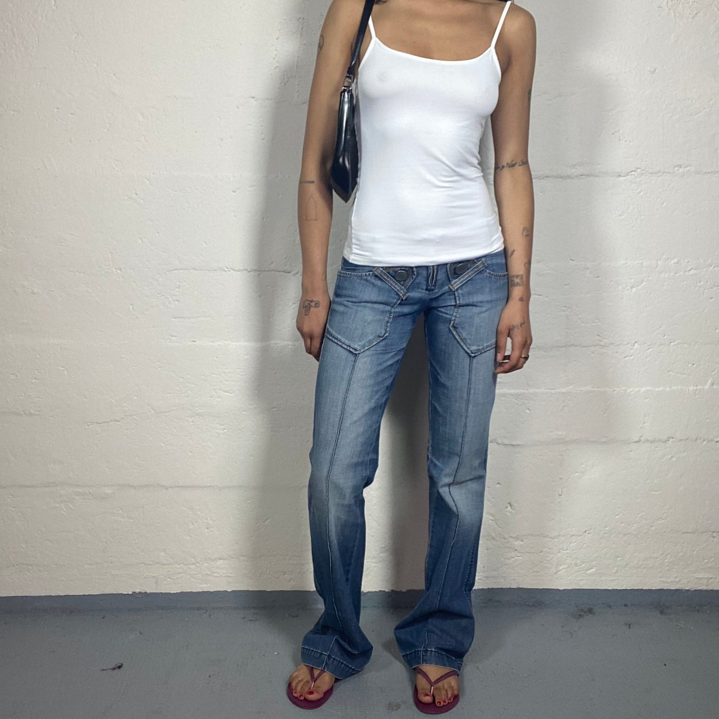 Vintage 2000's Miss Sixty Blue Denim Low Rise Straight Cut Jeans with Front Special Shaped Pockets (S)