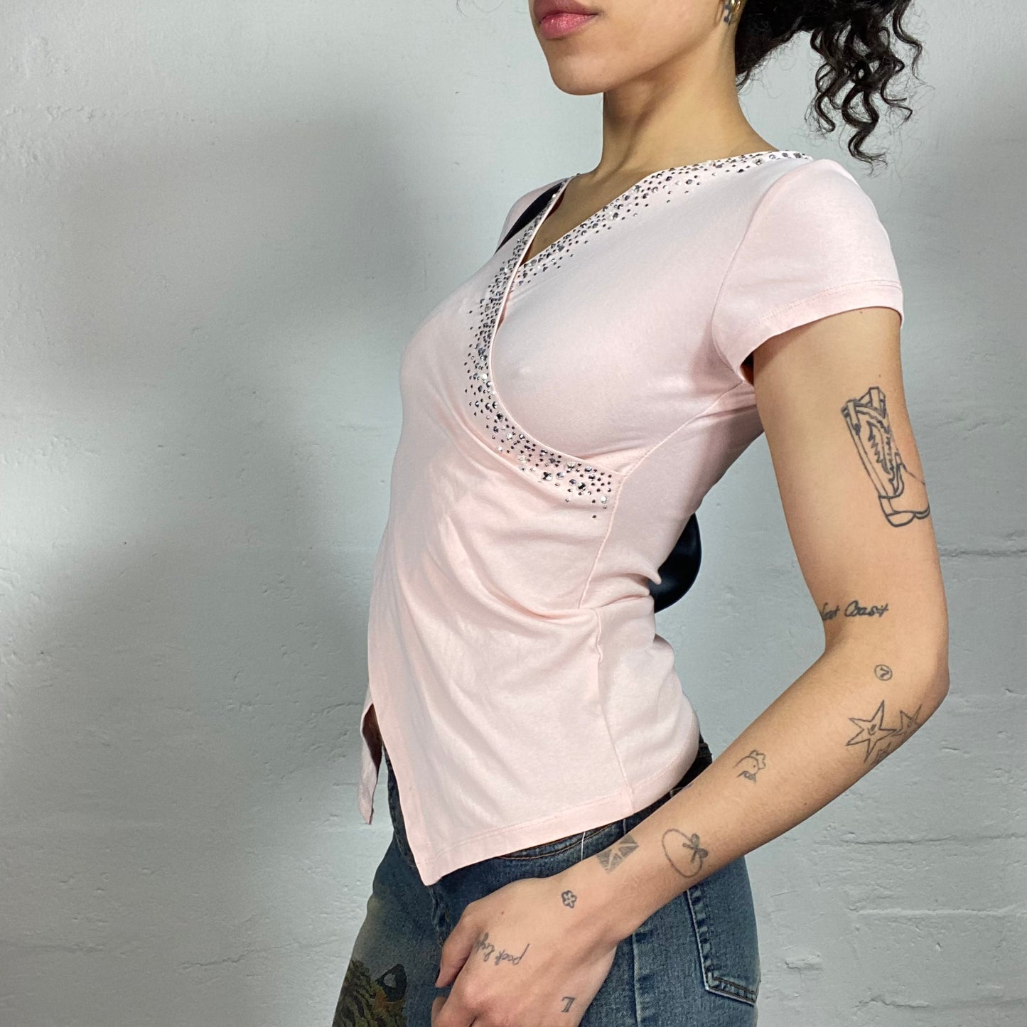 Vintage 2000's Soft Girl Wrapped Baby Pink Shortsleeved Top with Rhinestones (S/M)