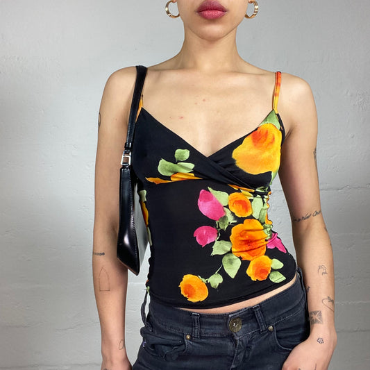 Vintage 2000's Summer Black Cami Top with Pink and Orange Flowers Print (S)