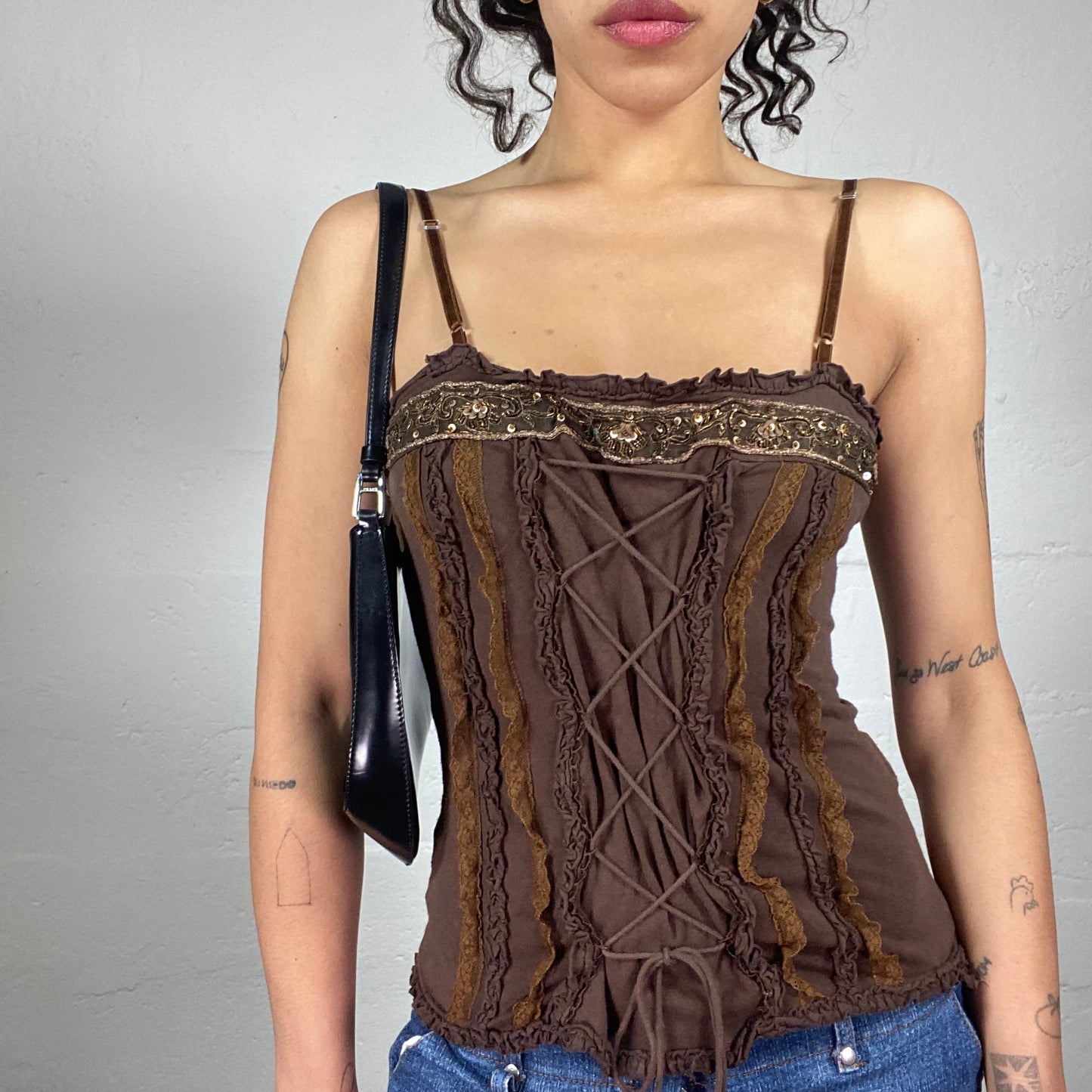 Vintage 2000's Baroque Brown Textures Lace Up Detail Cami Top with Sequins Embroidery (L)