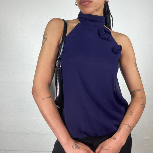 Vintage 2000’s Romantic Midnight Purple Turtleneck Top with Roses Details (S)