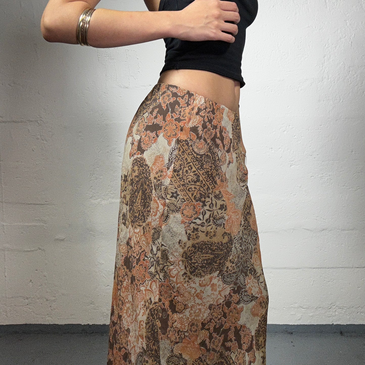 Vintage 2000's Romantic Peachy Orange Chiffon Midi Skirt with Floral Boho Print (S)