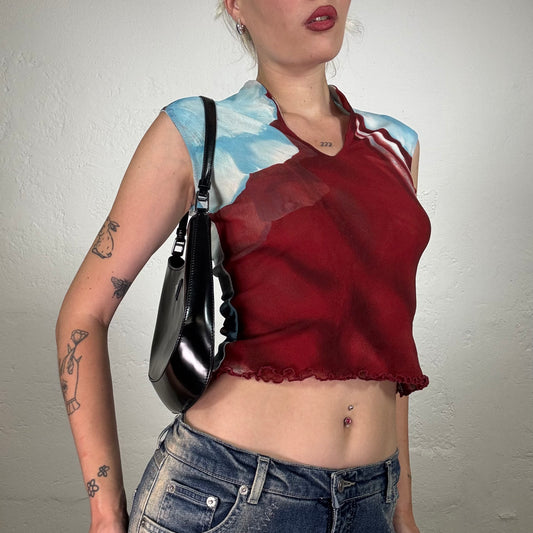 Vintage 2000's Pinko Archive Red and Light Blue Tie Dye V-Neck Tank Top (M)