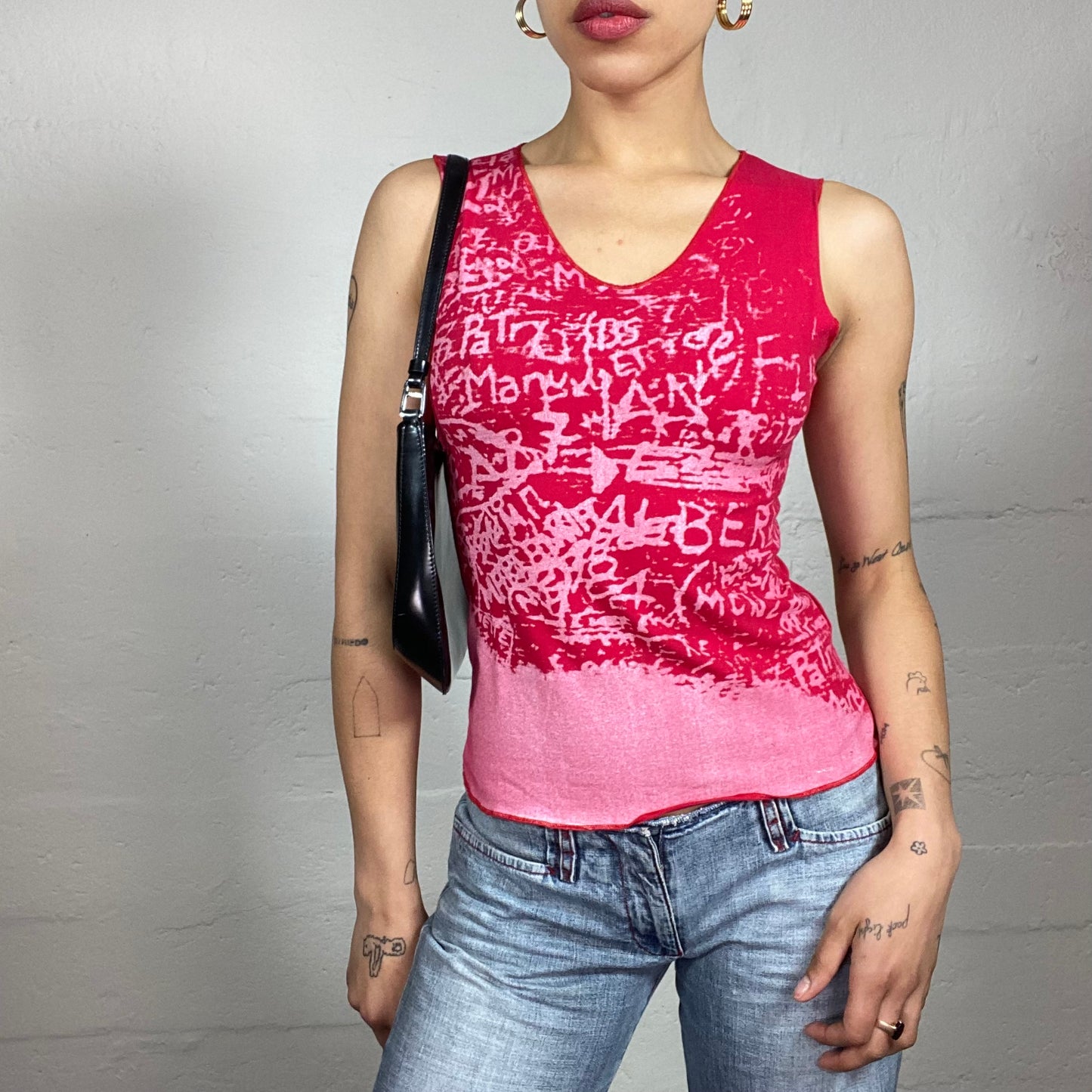 Vintage 2000's Pop Style Red and Pink Tank Top with Typography Print (S)