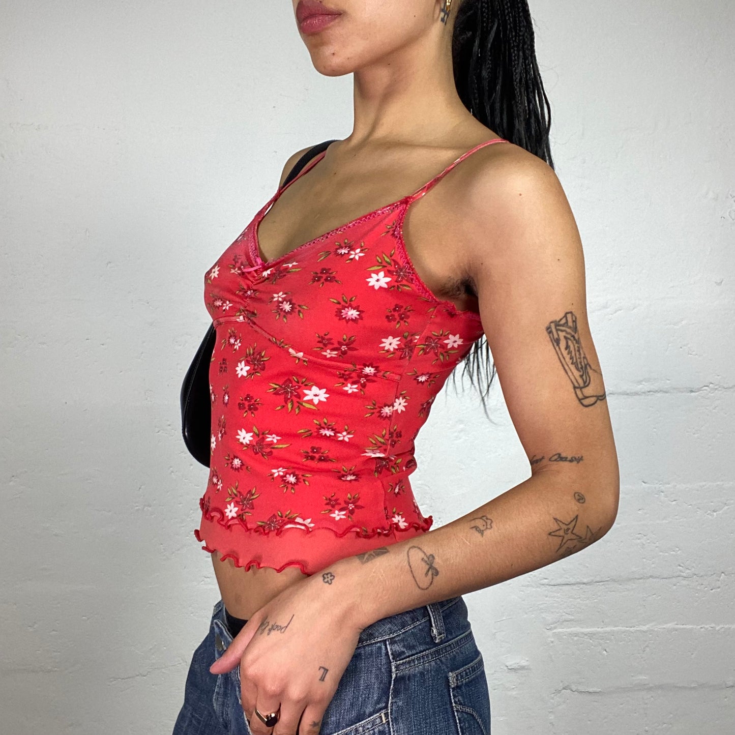 Vintage 2000's Summer Coral Red Layered Floral Print Cami Top (S)