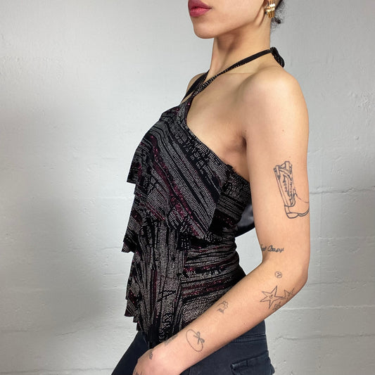 Vintage 2000's Clubwear Black Layered Neckholder Top Covered in Rhinestones (S)