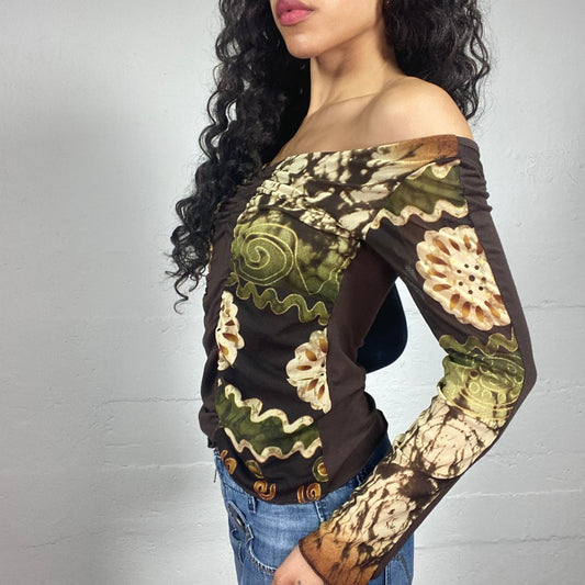 Vintage 2000's Boho Girl Brown and Green Off Shoulder Longsleeved Top with Tie Dye Abstract Print (L)