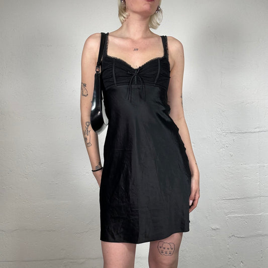 Vintage 2000's Romantic Chic Black Silky Mini Cami Dress with Ruffled Mesh and Ribbon Decorated Bra (XS)