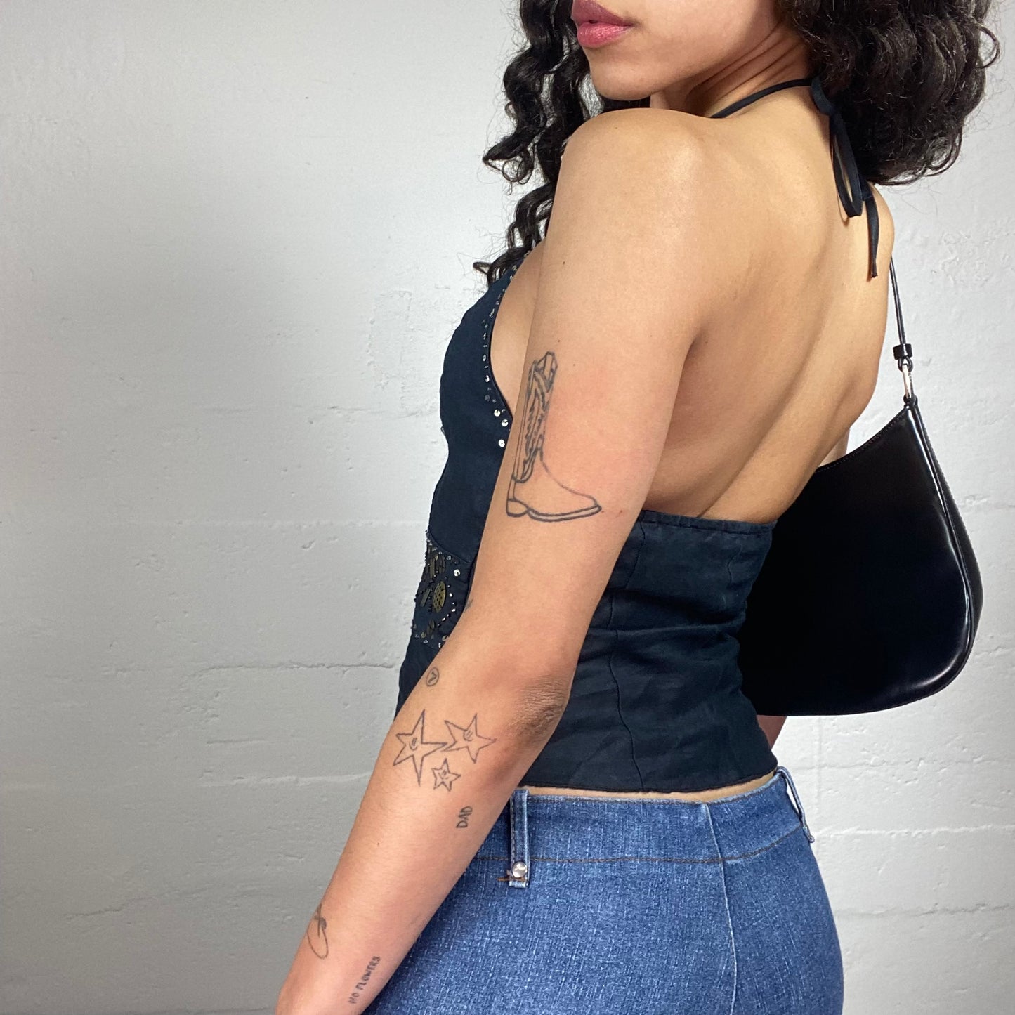 Vintage 2000's Asymmetric Neckholder Top with Sequins Embroidery (S)