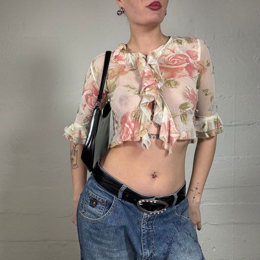 Vintage 2000's Matilda Djerf Inspired Floral Bolero Top with Frills (S)