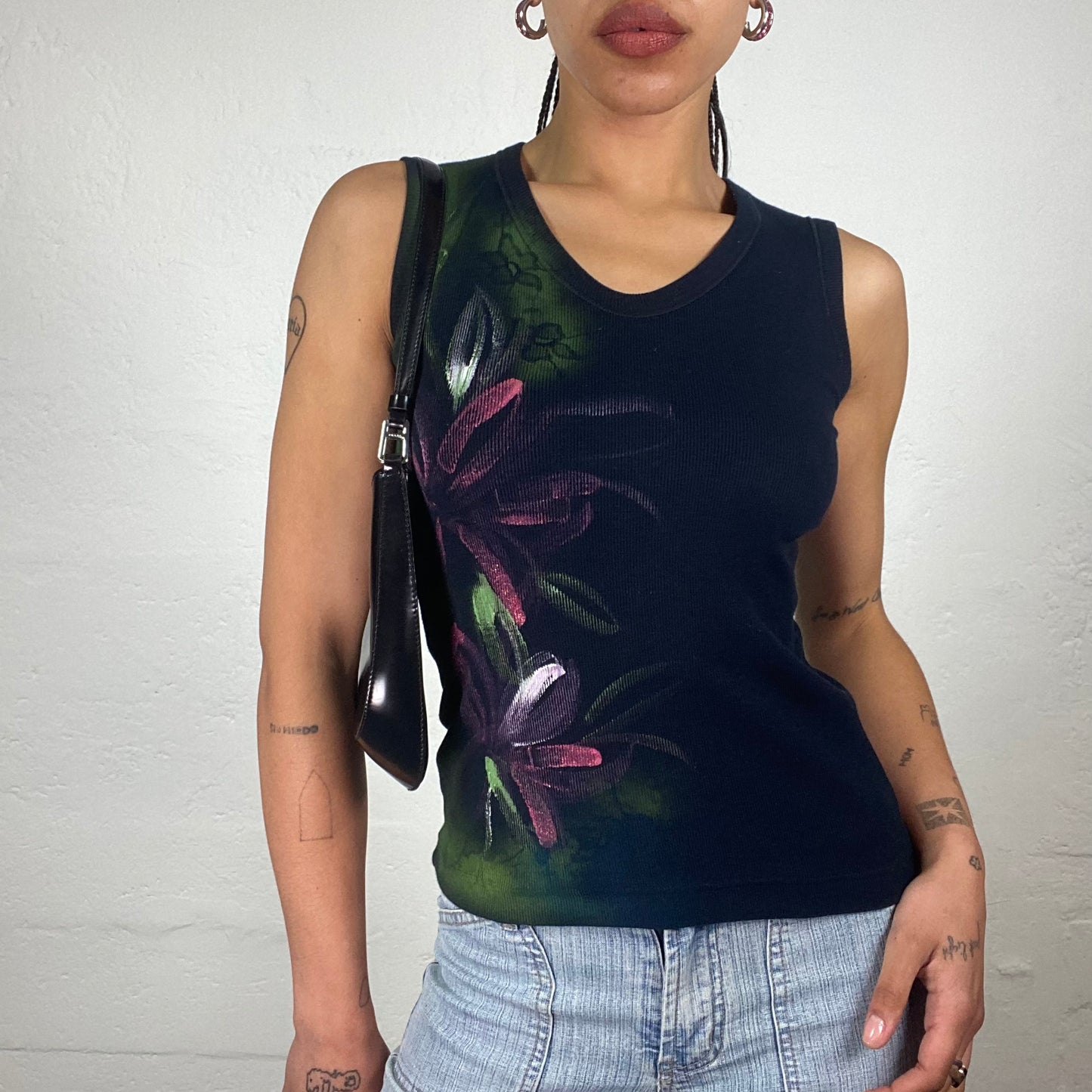 Vintage 2000’s Fairy Black Jersey Tank Top with Green and Pink Painting Style Floral Print (S)
