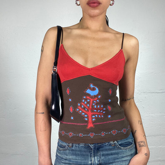 Vintage 2000's Downtown Girl Brown Printed Cami Top with Contrast Red Bra (S)