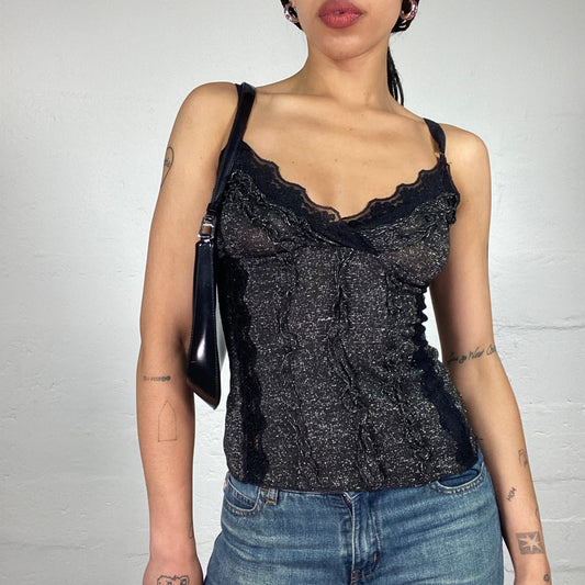 Vintage 2000's Night Out Black Shiny Glitter Jersey Cami Top with Lace Decorations (S)