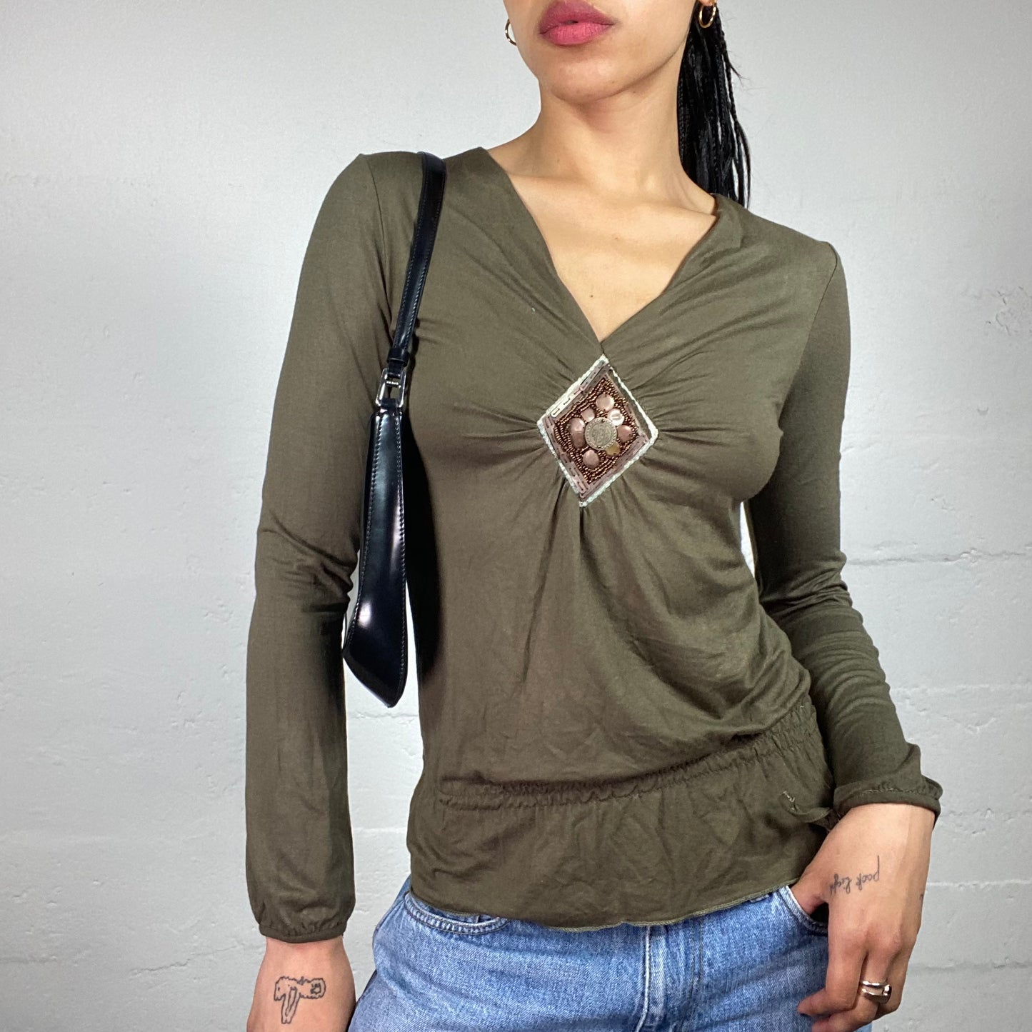 Vintage 2000's Chic Khaki Green Longsleeve V-Cut Draped Top with Sequin Embroidery Detail (M)