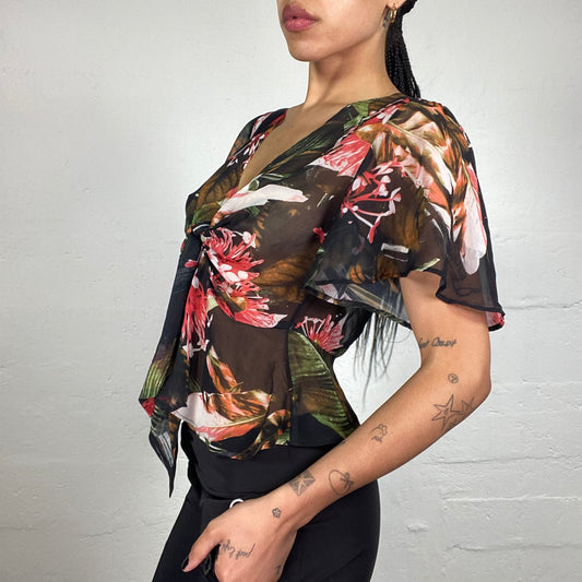 Vintage 2000's Guess Romantic Summer Multicoloured Coral Floral Print Chiffon Top (S)