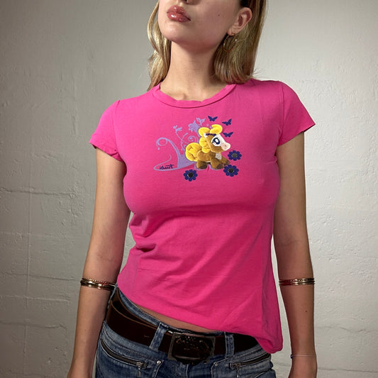 Vintage 2000's Cute Summer Hot Pink T-Shirt with Cartoon Pony Print (S)