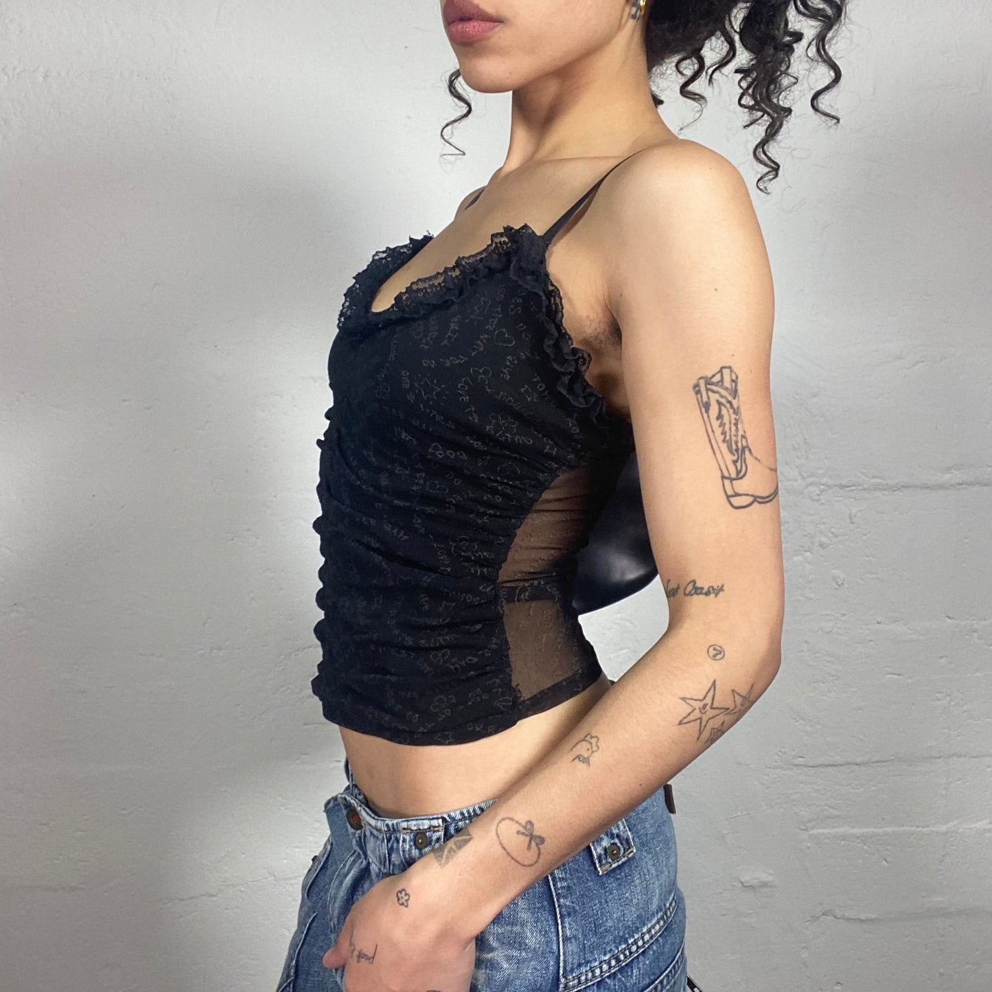 Vintage 2000's Dark Coquette Black Chiffon Typography Printed Cami Top with Ruffled Trim and Mesh Back (S)