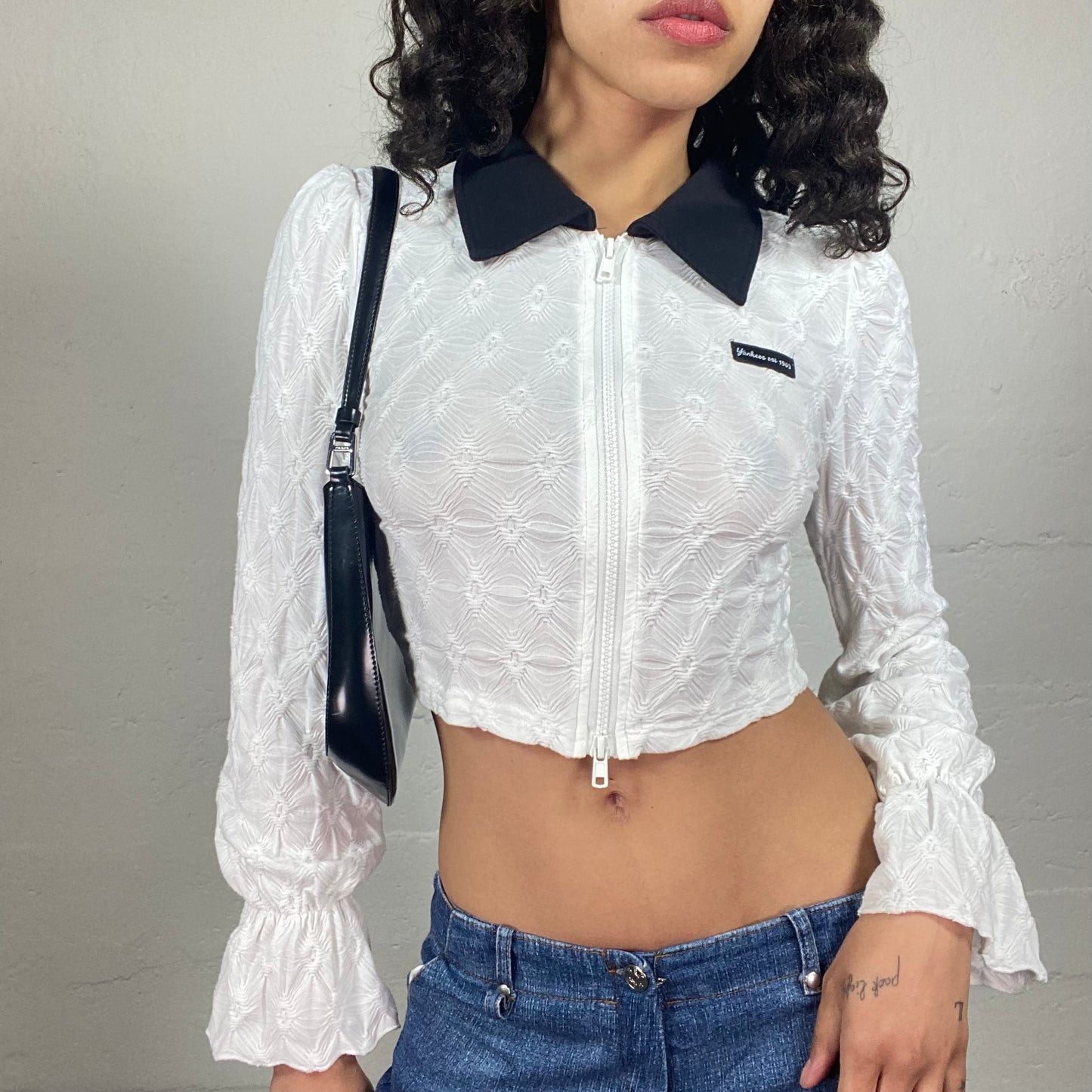 Vintage 2000's Coquette Polo Lace Fabric White Zip Up Cropped Top with Contrast Collar (S)
