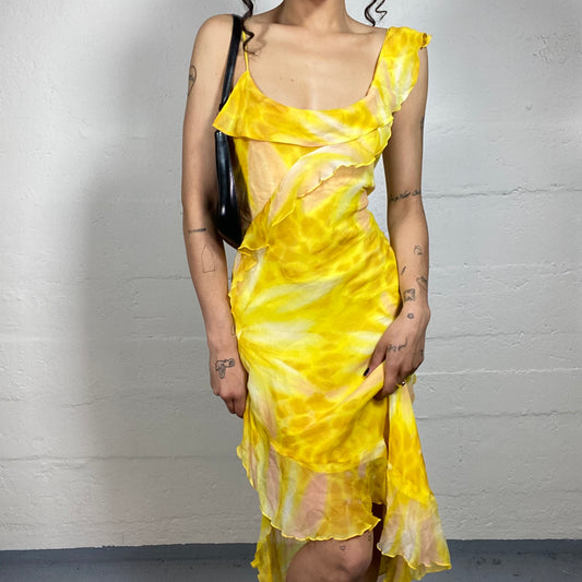 Vintage 2000's Summer Romantic Yellow Layered Asymmetric Printed Dress with Ruffles (M)