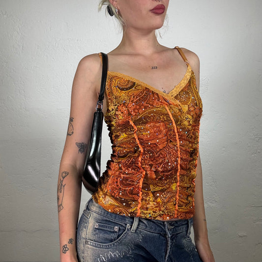 Vintage 2000's Summer Vacay Orange Chiffon Cami Top with Mandala Print and Glitter Polka Dots  (S)