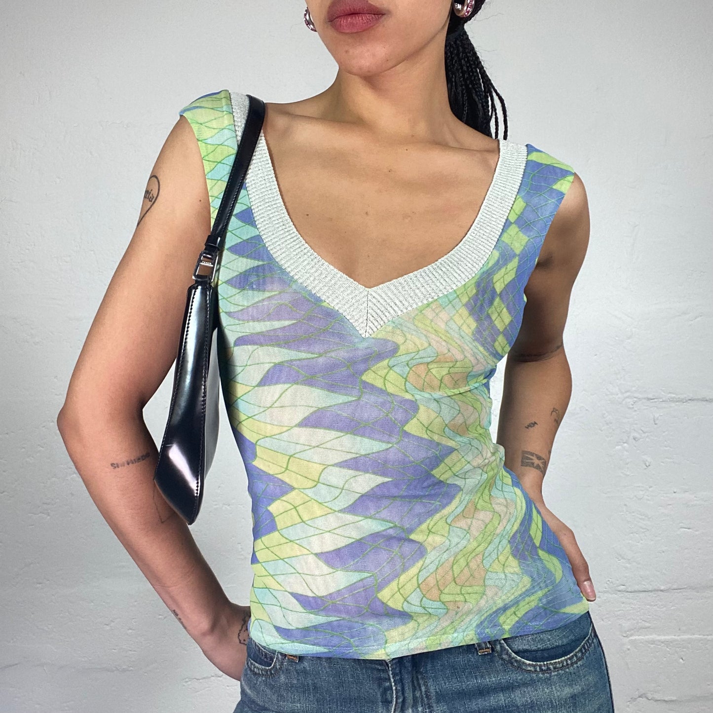 Vintage 2000's Fairy Girl Lime Green Tie Dye and Mosaic Print Top (S)