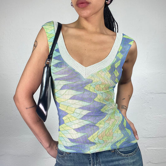 Vintage 2000's Fairy Girl Lime Green Tie Dye and Mosaic Print Top (S)