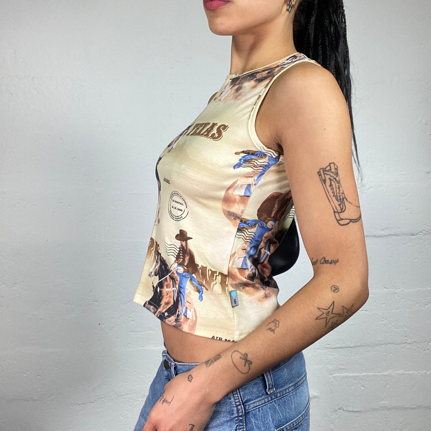 Vintage 2000's Cowgirl Style Brown Texas and Horses Printed Tank Top (M)