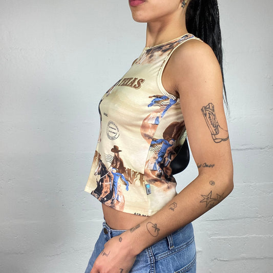 Vintage 2000's Cowgirl Style Brown Texas and Horses Printed Tank Top (M)