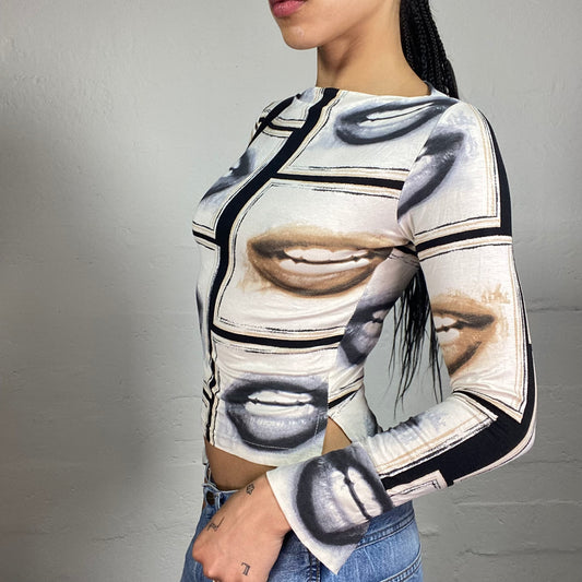 Vintage 2000's Funky Lips Print Longsleeve Cropped Top (S)