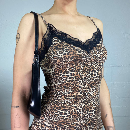 Vintage 2000's Cheetah Girl Downtown Animal Print Cami Top with Black Lace Trim (S)