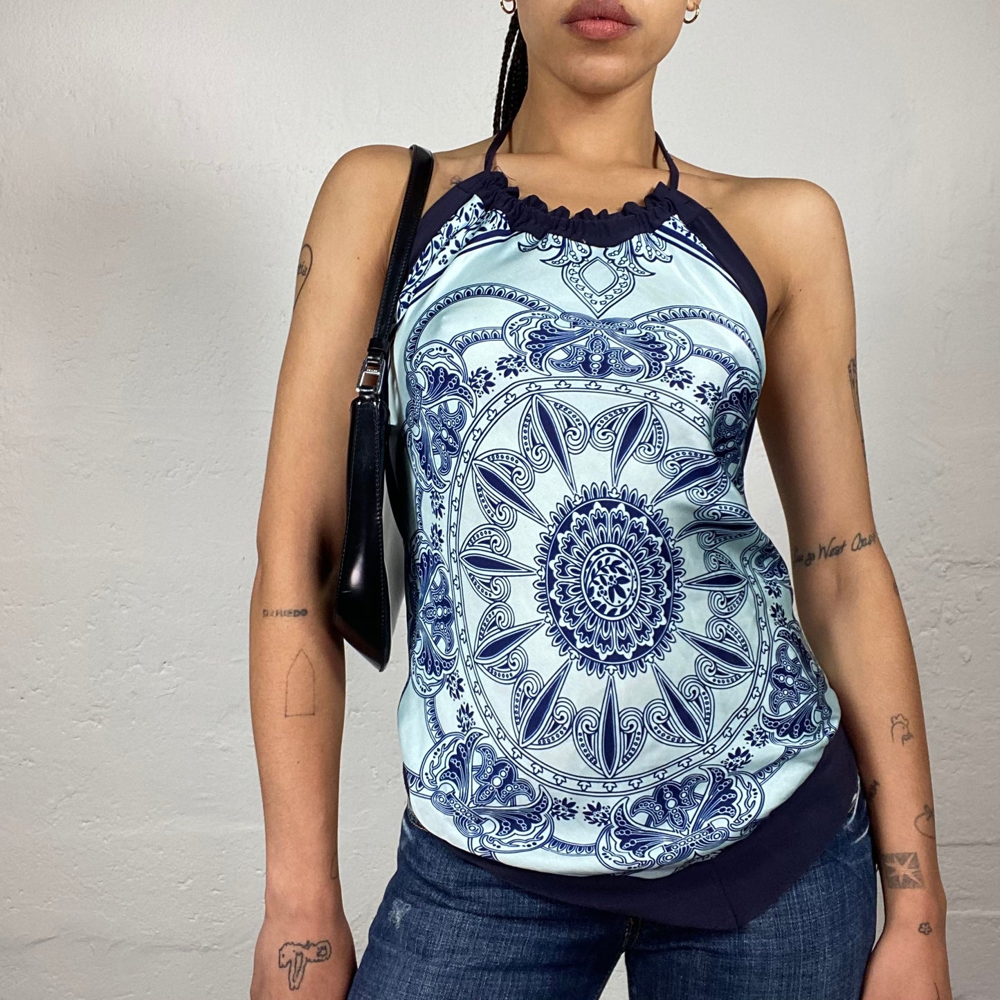 Vintage 2000's Classy Girl Blue Tones Silky Printed Neckholder Top with Open Back (S)