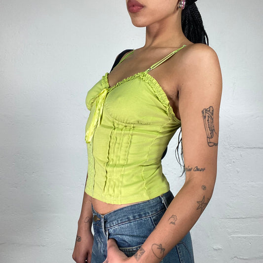 Vintage 2000's Romantic Summer Lime Green Cami Top with Sequin Embroidery and Ruffled Trim (S)
